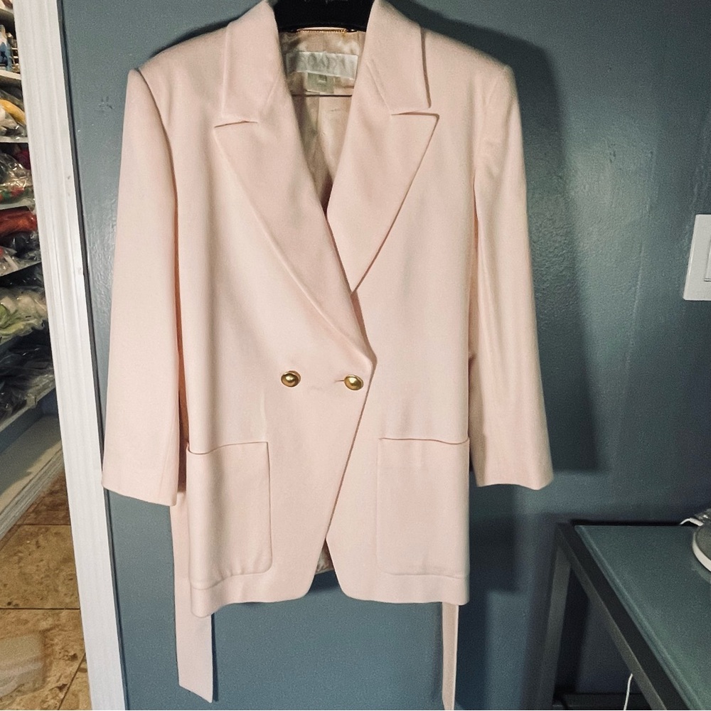 SOLD ESCADA Margaretha Ley 90’s Baby Pink Belted Dbl Breast Wool Cashmere Blazr - Picture 12 of 16